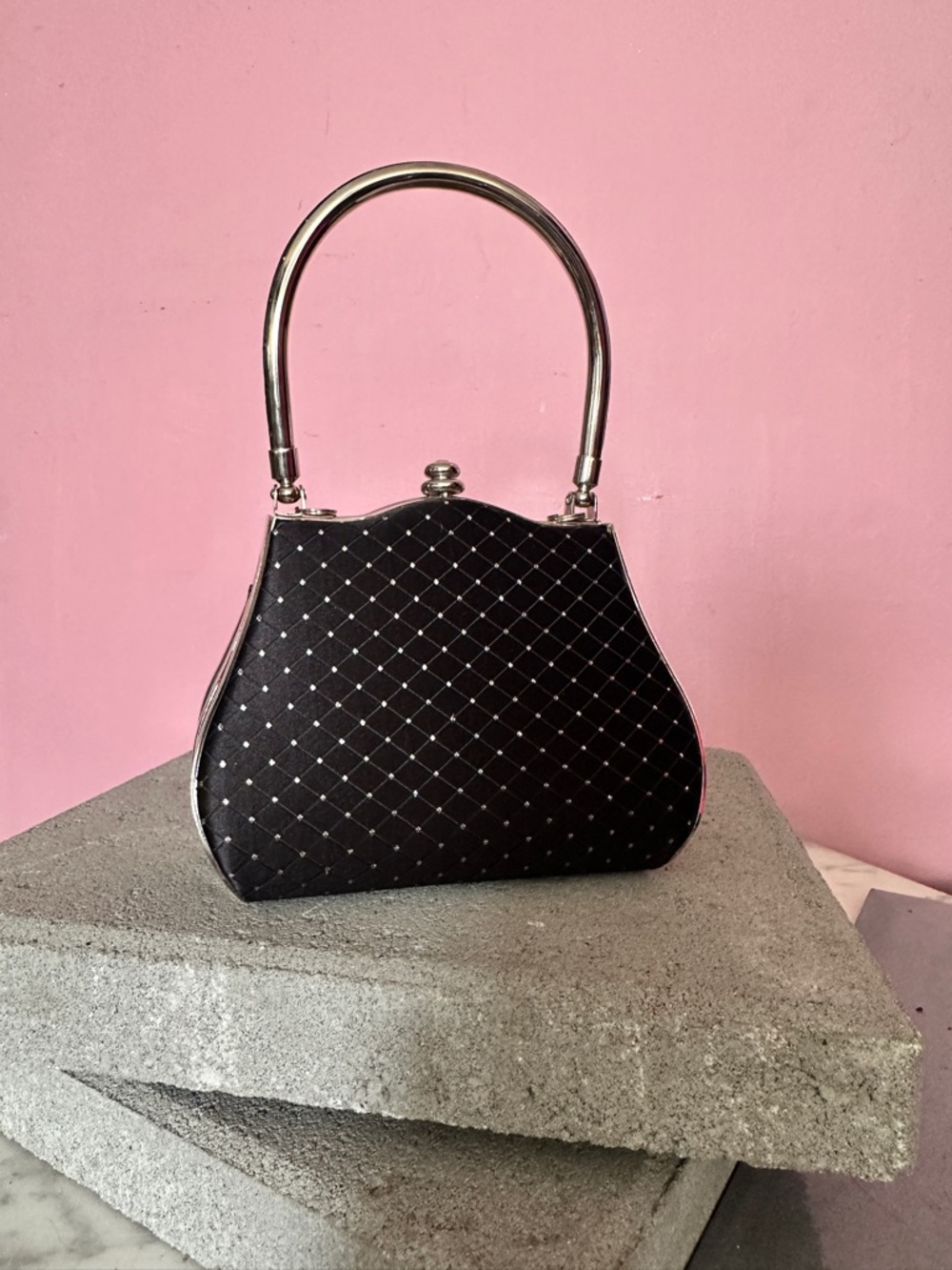 Black Quilted Evening Top-Handle Clutch